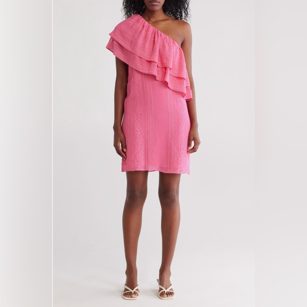 NWOT Trina Turk Phebe Embroidered Vibrant Pink Ruffle One Should Dress - L
